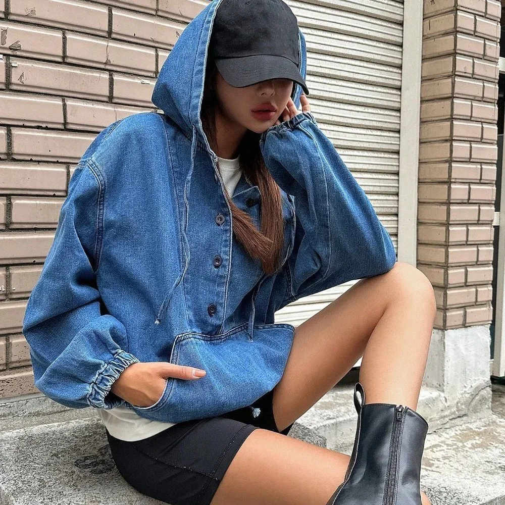 Blue Preppy Womens Half Button Drawstring Hem Hooded Denim Jacket - Picture 5 of 5